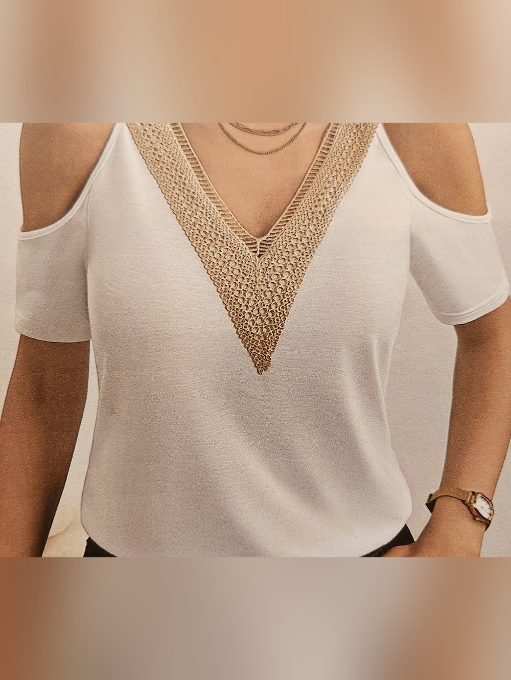 Open Shoulder White Shirt With Gold Trim V Neck.